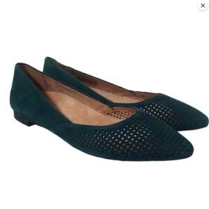 Vionic Posey Perforated Laser Cut Pointed Toe Flats Slip On Teal Green